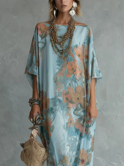 Bohemian Sky Blue Floral Print Loose Long Dress