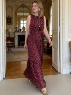 Elegant Polka Dot Print Belted Maxi Dress