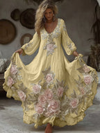 Women's Vintage Pink Floral Embroidery Art Comfy Linen Maxi Dress