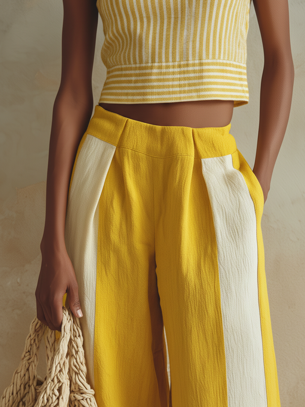 Yellow & White Striped Sleeveless Crop Top & Wide-Leg Pants Two-Piece Set