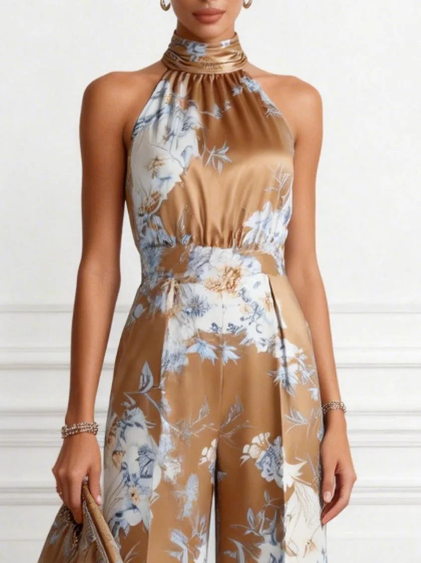 Women Brown Floral Halter Neck Sleeveless Romantic Jumpsuit