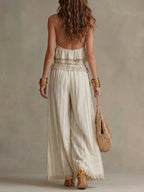 Stylish Striped & Lace-paneled Sleeveless Top And Pants Two-piece Set