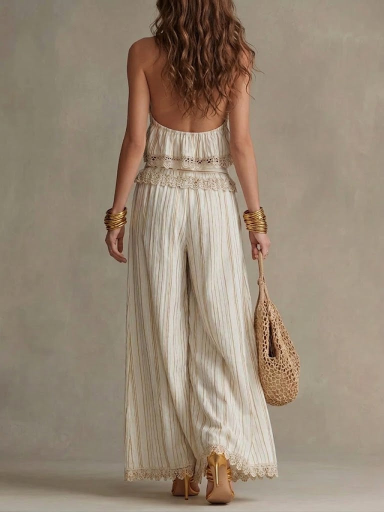 Stylish Striped & Lace-paneled Sleeveless Top And Pants Two-piece Set