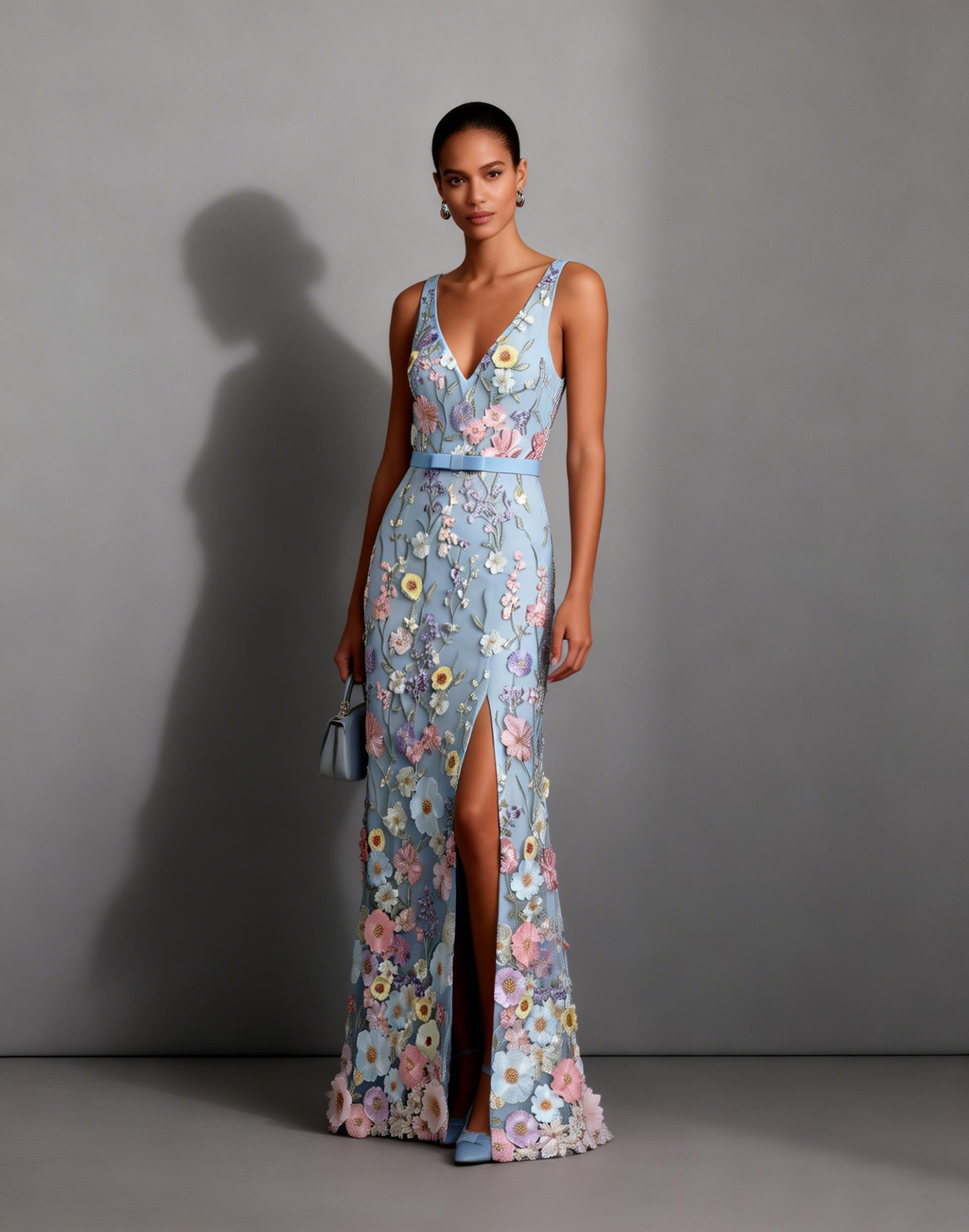 Light Blue Floral Ebroidered Classic V Neck Sleeveless A-Line Floor-length Gown Dress