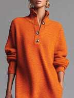 Orange Lapel Button-Front Knit Midi Dress