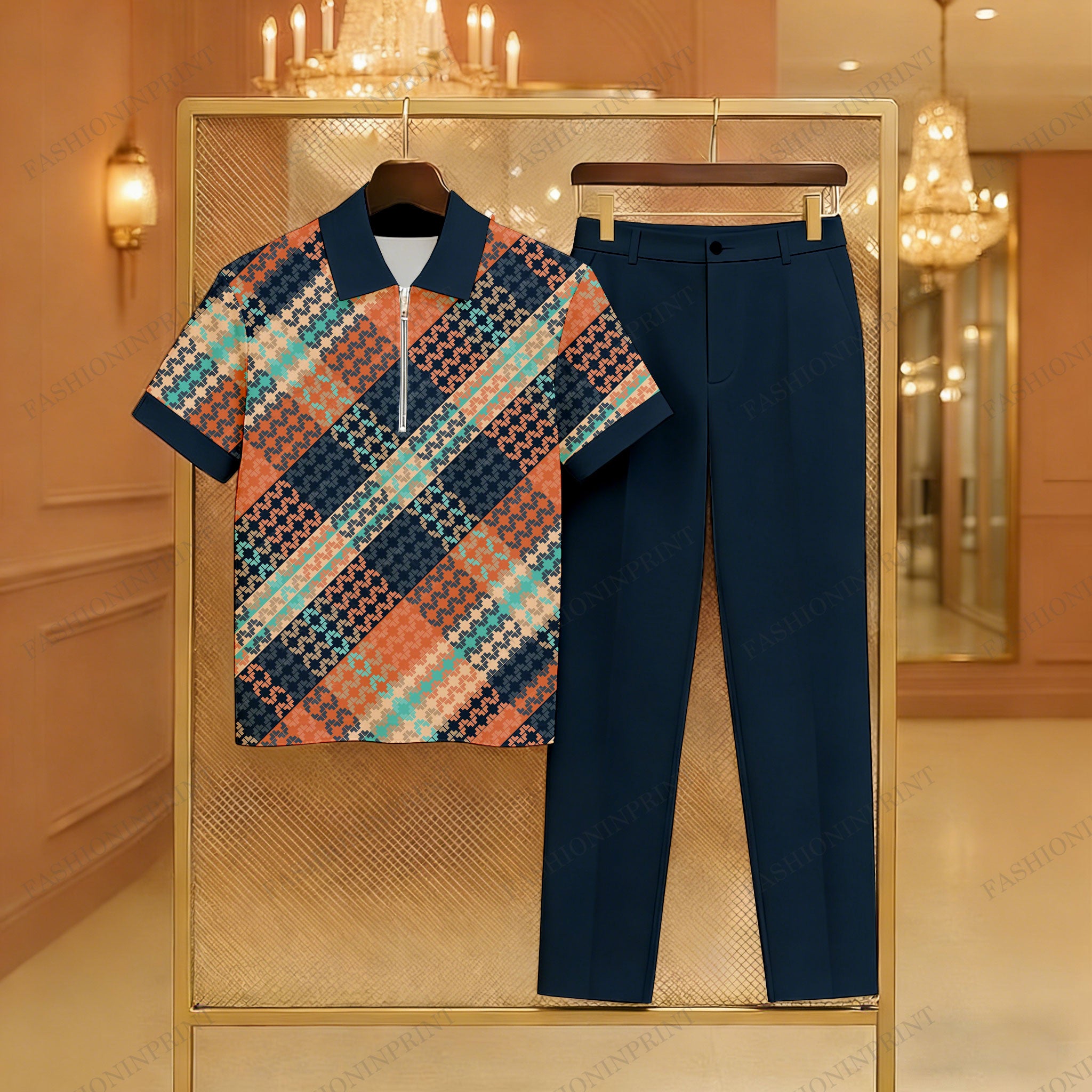 Men's Casual Multi & Dark Green Color Matching Checkered Printed Zipper Short Sleeved Polo Shirt & Trousers Two-Piece Set