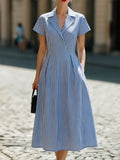 Blue & White Stripe Notched Lapel Short Sleeve Fit-and-Flare Midi Dress