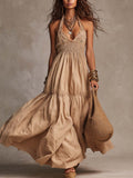 Vintage Lace Halter-Neck Cotton-Linen Maxi Dress