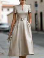 Elegant Neck Belted Satin Midi Dress