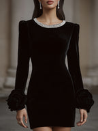 Elegant Velvet Mini Dress With Embellished Neckline And Floral Cuff Detail
