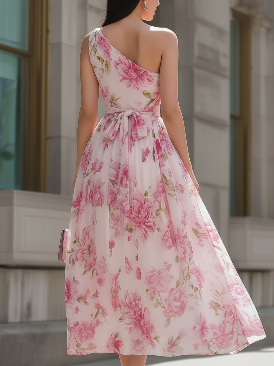 Pink Floral One-Shoulder Chiffon Midi Dress