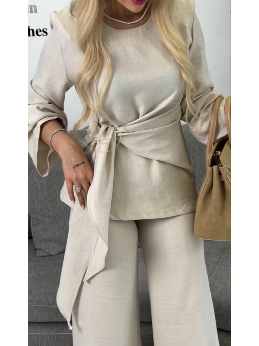 Casual Linen And Cotton Top And Pants Two-piece Set