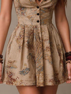 Bohemian Baroque Print Collared V-Neck Button-Up Mini Dress