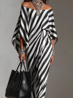 Women's Retro Statement Monochrome Stripe Asymmetric Maxi Dress