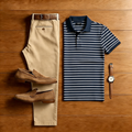 Men's Casual Navy Blue Striped Polo Shirt And Khaki Pants Two-Piece Set