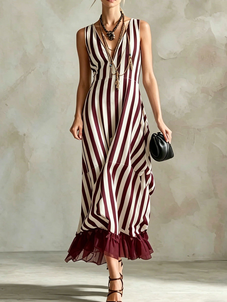 Women's V-neck Striped Mesh-paneled Tank Dress