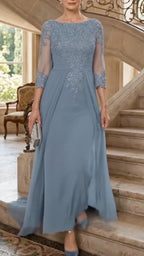 Lace Chiffon 3/4 Sleeve Maxi Dress
