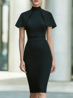 High-Neck Cape Sleeve Sculpted Midi Dress