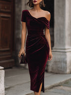 Midnight Asymmetrical Velvet Midi Dress