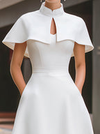 High Neck Cape Sleeve Keyhole A-Line Midi Dress