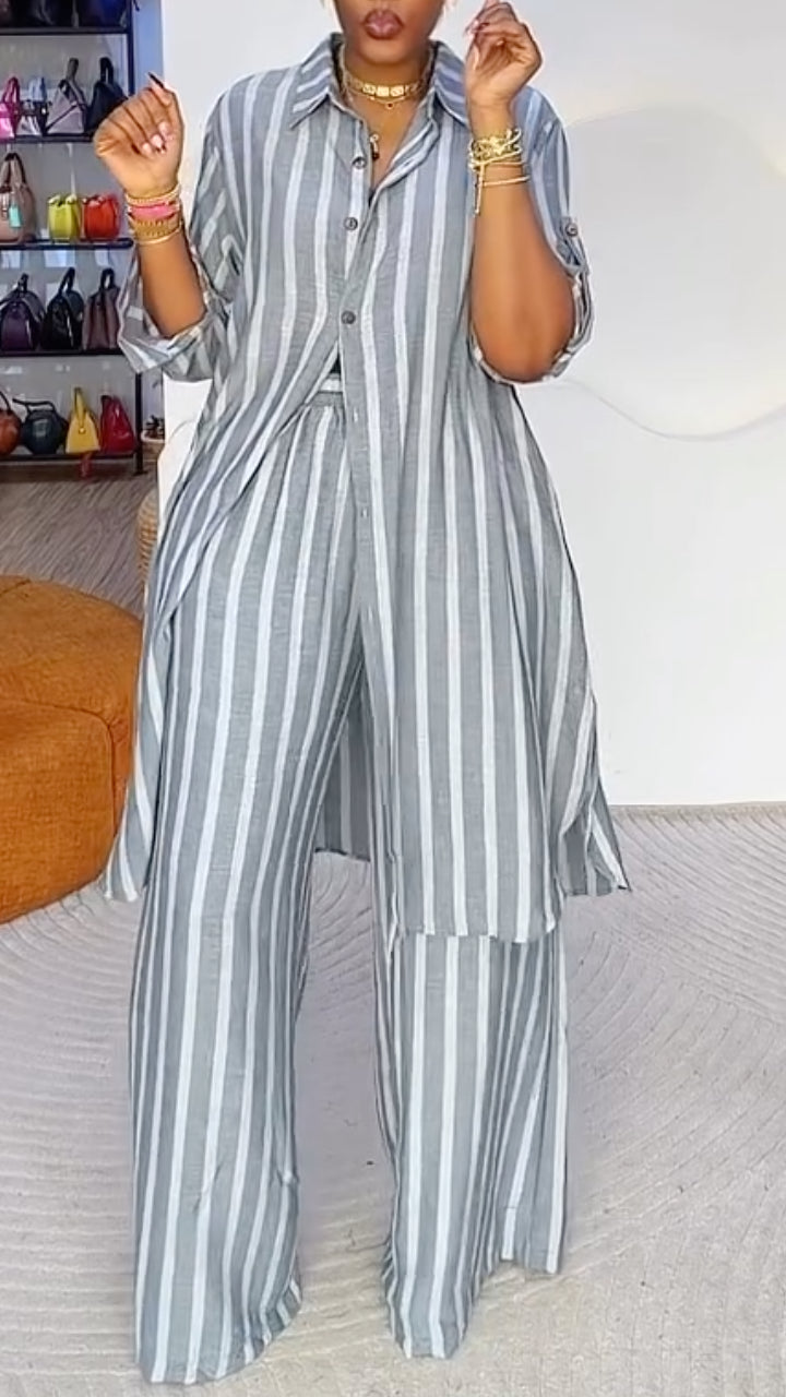 Grey Striped Linen‐Look 2‐Piece Set