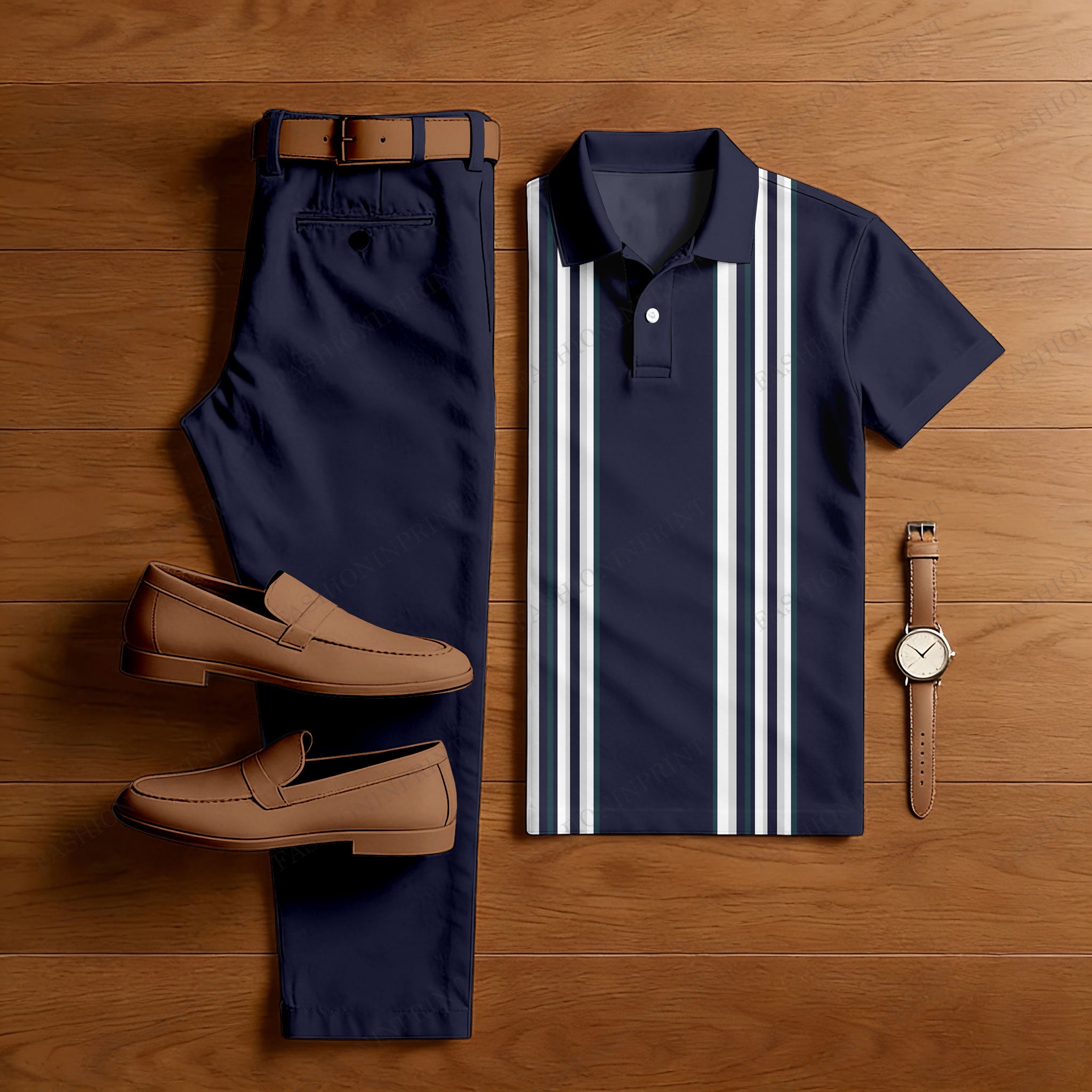 Men's Navy Blue & White Casual Color Matching Striped Printed Short Sleeved Polo Shirt & Trousers Two-Piece Set