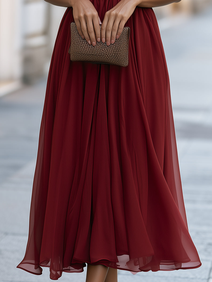 Off-Shoulder Ruffle Chiffon Midi Dress