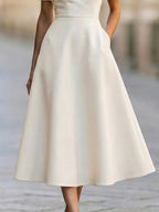 Asymmetric Lapel Short Sleeve Fit-and-Flare Midi Dress