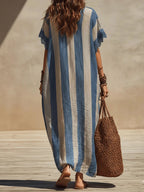Loose-fit Casual Striped Linen And Cotton Dress With Lace Paneling