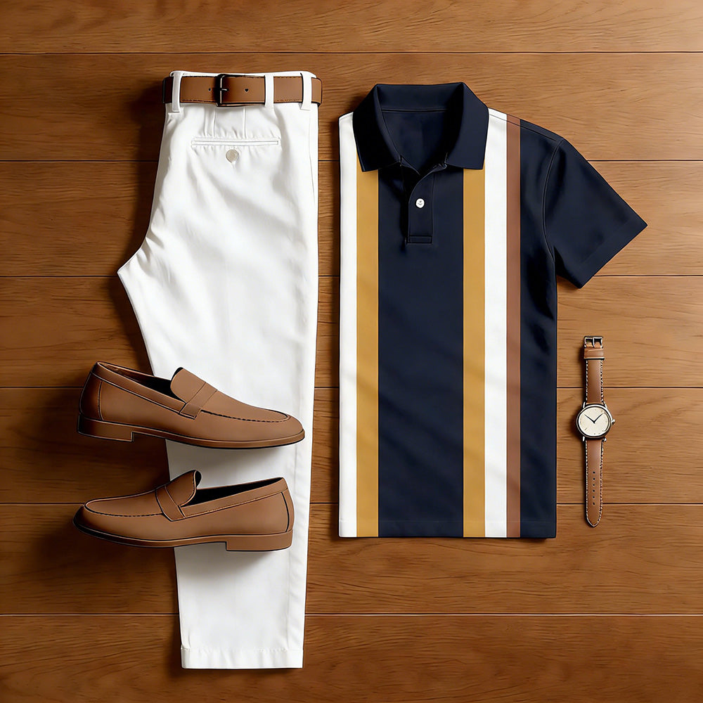 Men's Casual Navy Blue Color Matching Striped Printed Short Sleeved Polo Shirt & White Trousers Two-Piece Set