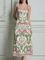 Pink Green Floral Scroll Print Square Neck Midi Dress