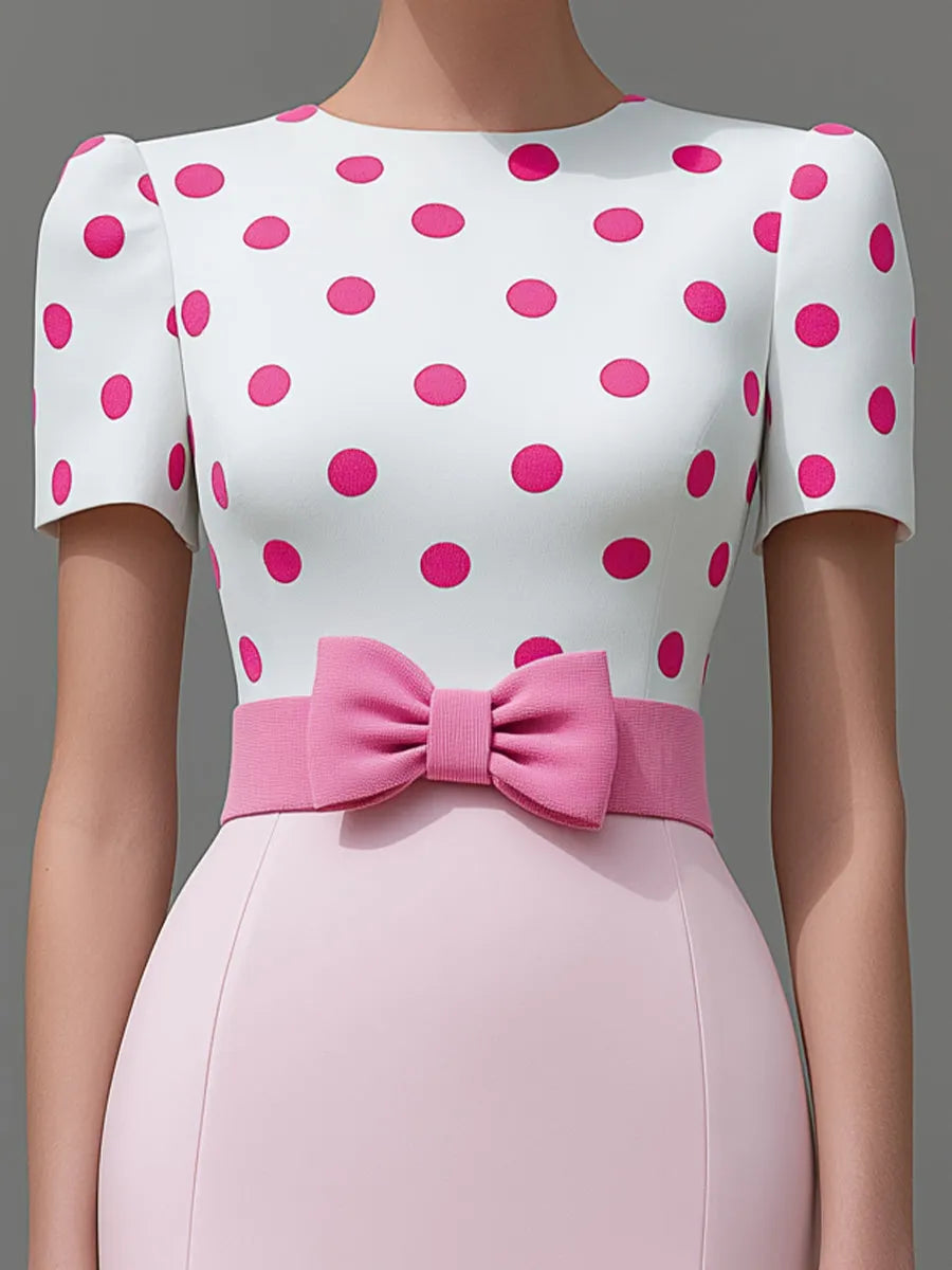 Polka Dot Bow Waist Tailored Midi Sheath Dress