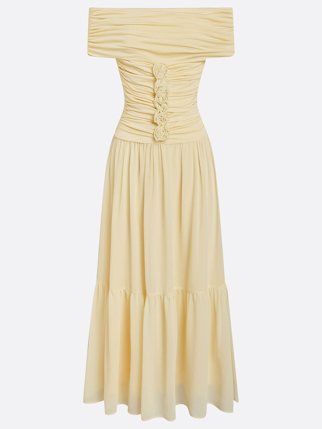Yellow 3D Floral Chiffon Off The Shoulder Short Sleeve A-Line Maxi Dress