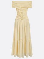 Yellow 3D Floral Chiffon Off The Shoulder Short Sleeve A-Line Maxi Dress