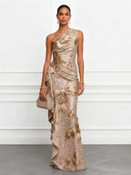Champagne 3D Floral Sequin One Shoulder Sleeveless Mermaid Floor-length Gown Dress