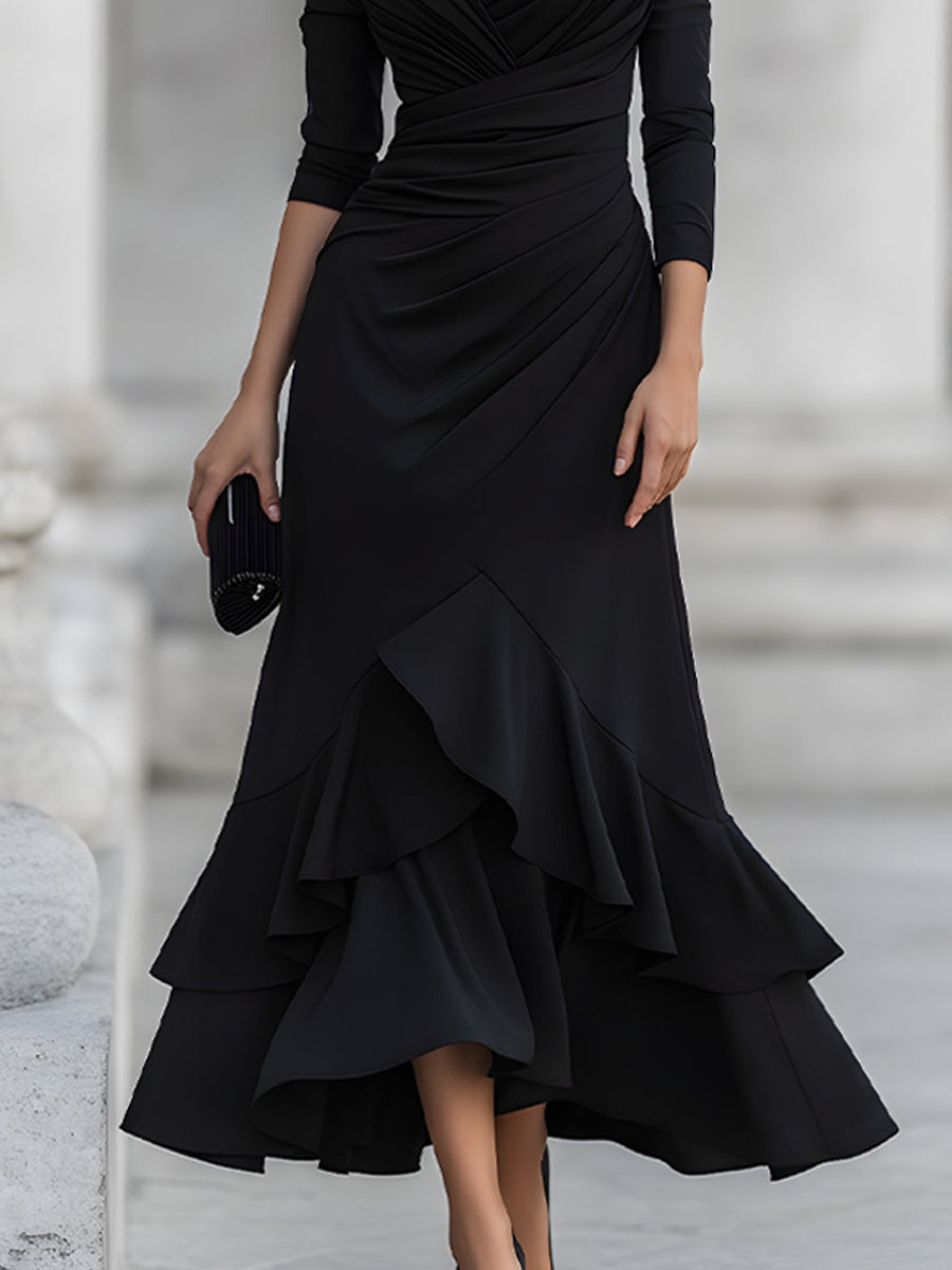 One-Shoulder Ruched Asymmetric Ruffle Hem Maxi Dress