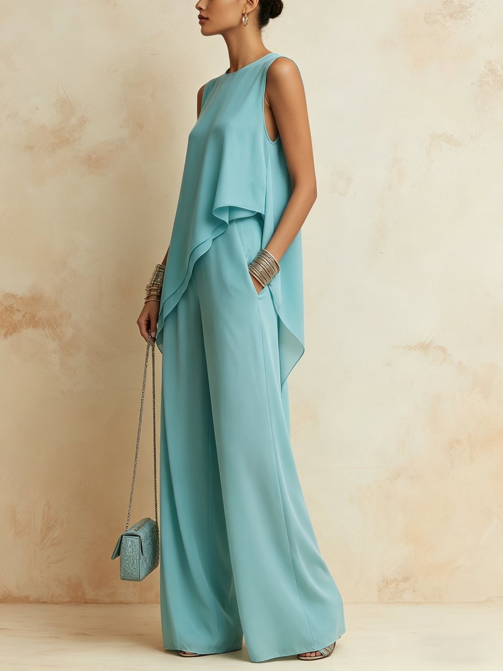 Tiffany Blue Chiffon Asymmetric Sleeveless Top & Wide-Leg Pants Co-ord Set