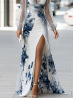 Front Slit Sheer Mesh Printed Maxi Dress