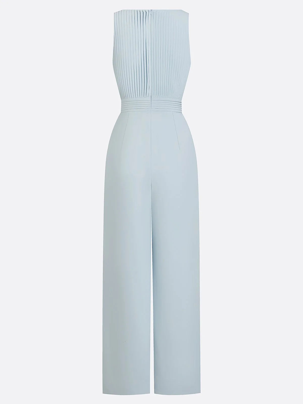 Women Light Blue Pleated Boat Neck Sleeveless Dressy Jumpsuit