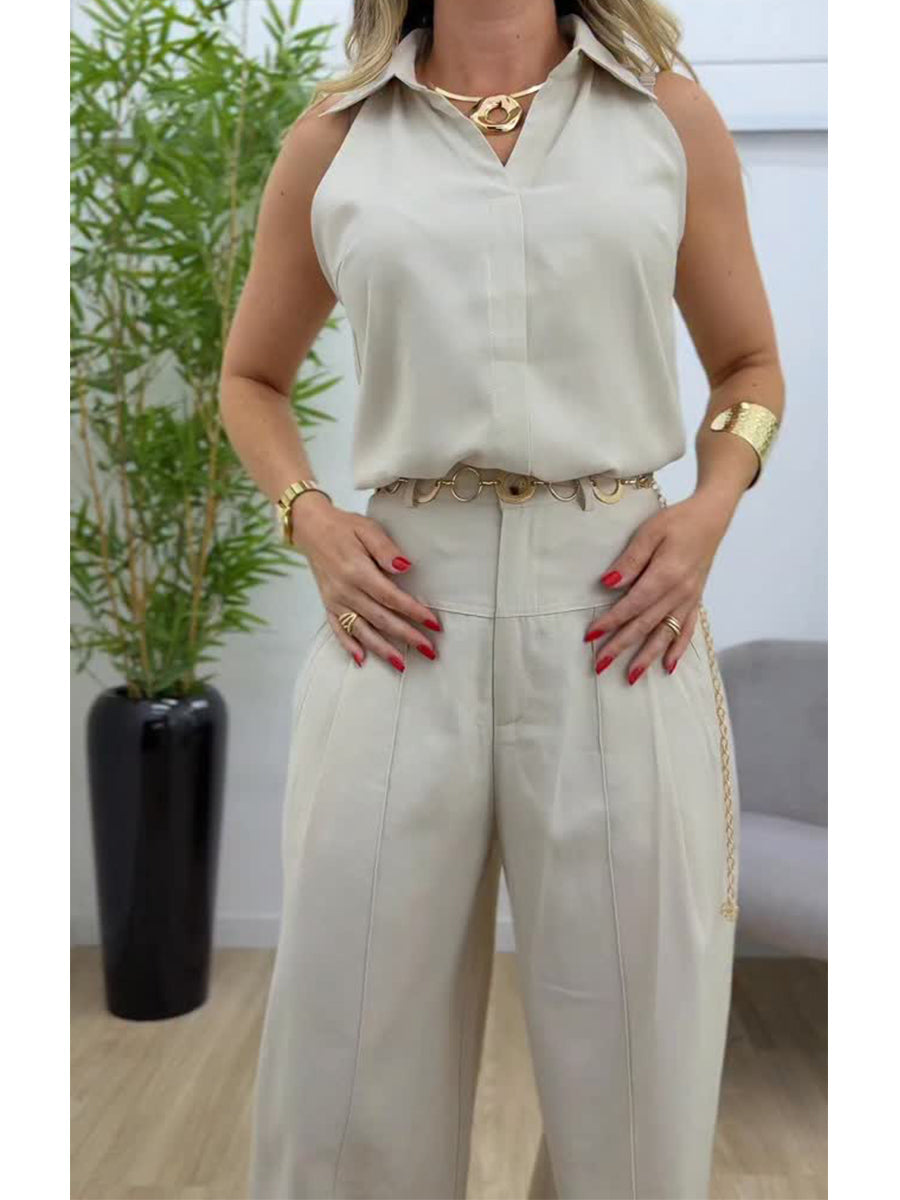 Elegant Linen And Cotton Sleeveless Top And Pants Two-piece Set