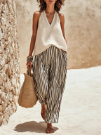 Women's Casual V-neck Halter Top And Striped Pants Set