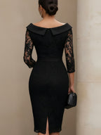Black Lace Off-Shoulder Midi Sheath Dress With Satin Collar