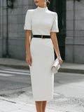 High Neck Belted Tailored Midi Dress