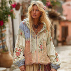 Women's Floral Embroidery Color Block Boho Casual Zip-up Hoodie