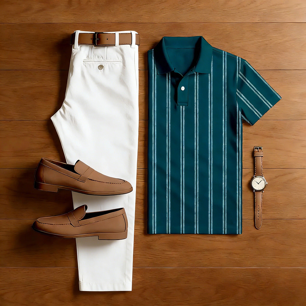 Men's Casual Peacock Green Color Striped Printed Short Sleeved Polo Shirt & White Trousers Two-Piece Set