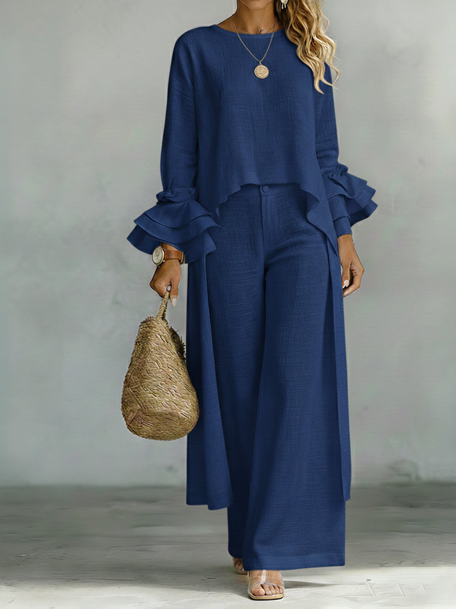 Casual Linen And Cotton Top And Pants Two-piece Set
