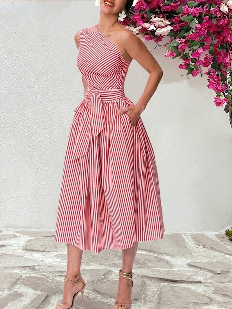 Stylish And Elegant Striped One-shoulder Cotton Dress