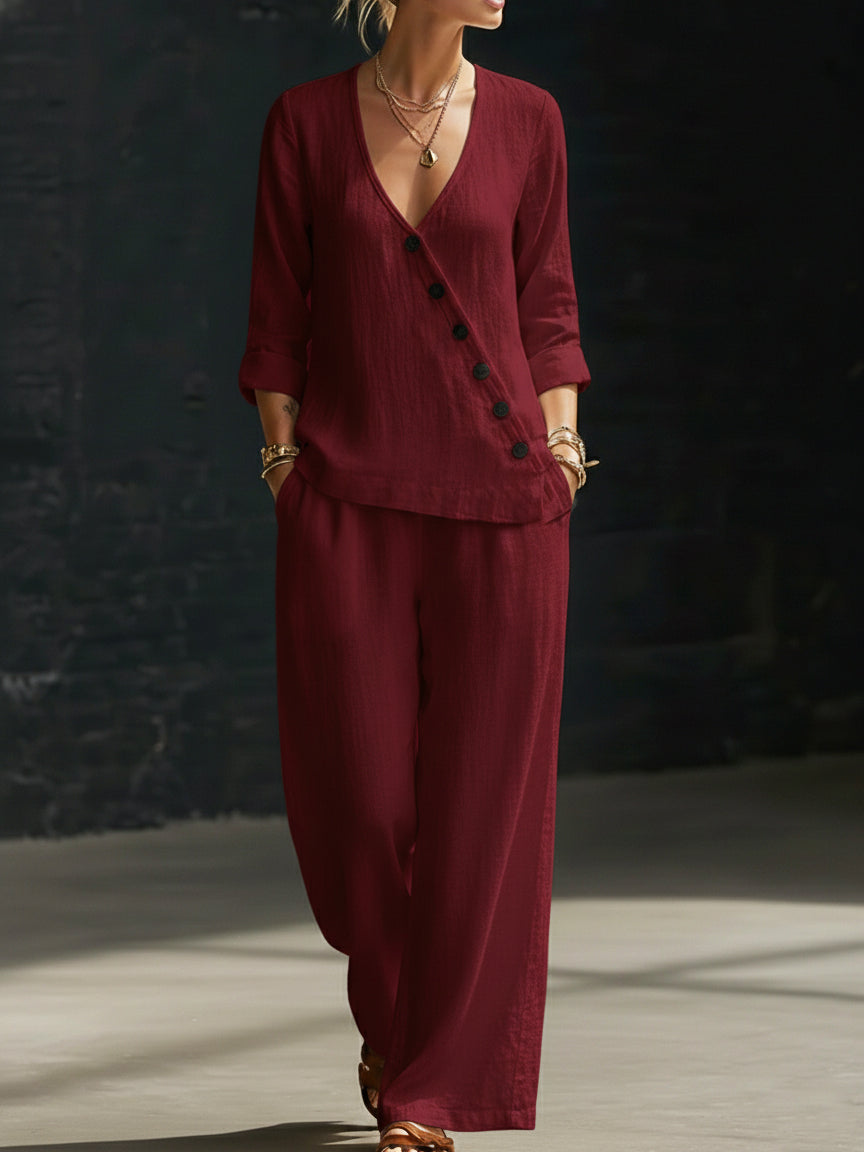 Minimalist V-neck Shirt And Wide-leg Pants Two-piece Set