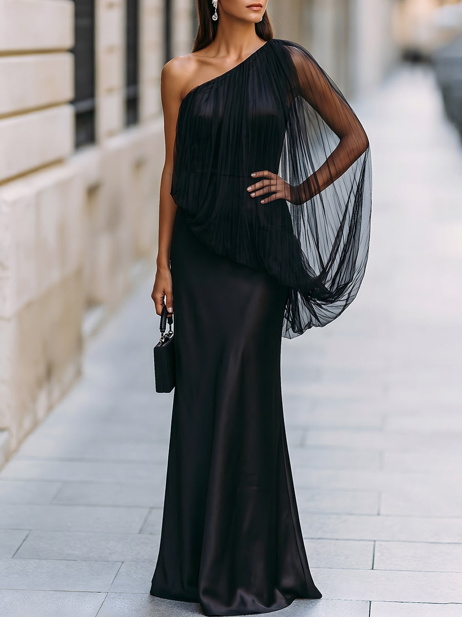 One-Shoulder Tulle Overlay Satin Mermaid Gown