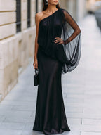 One-Shoulder Tulle Overlay Satin Mermaid Gown